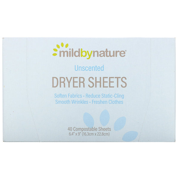 Mild By Nature, Dryer Sheets, Unscented, 40 Compostable Sheets - The Supplement Shop