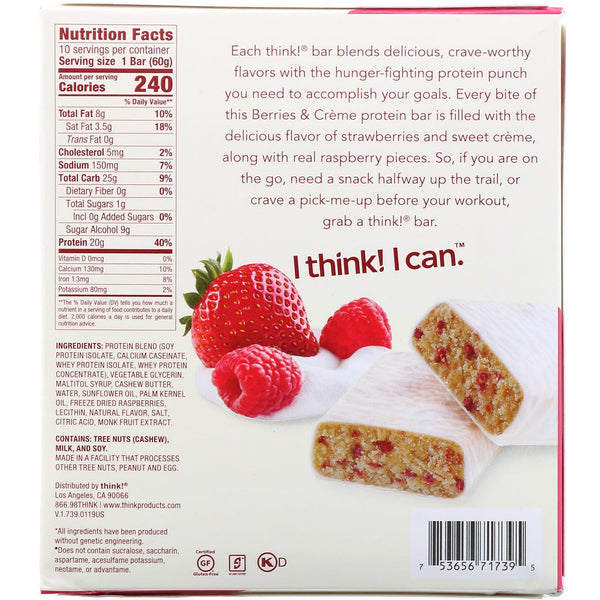 ThinkThin, High Protein Bars, Berries & Creme, 10 Bars, 2.1 oz (60 g) Each - The Supplement Shop