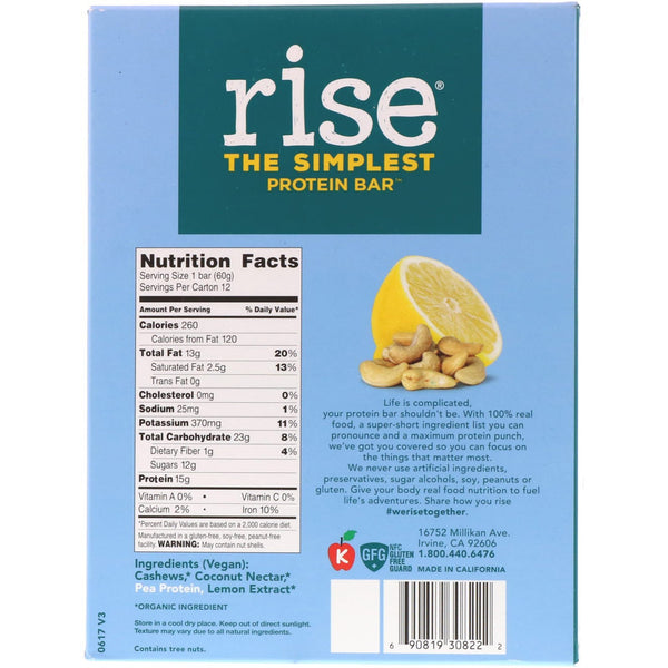 Rise Bar, The Simplest Protein Bar, Lemon Cashew, 12 Bars, 2.1 oz (60 g) Each - The Supplement Shop