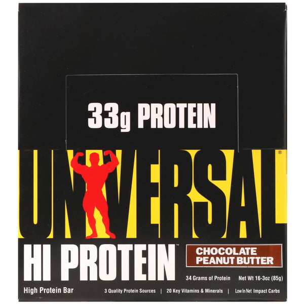 Universal Nutrition, HiProtein Bar, Chocolate Peanut Butter, 16 Bars, 3 oz (85 g) Each - The Supplement Shop