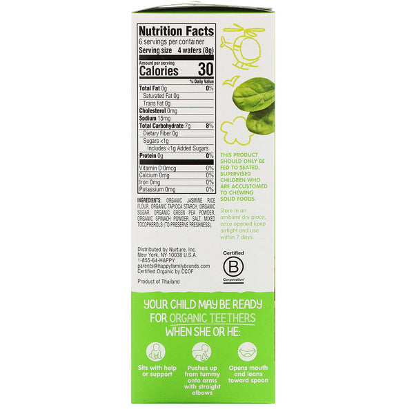 Happy Family Organics, Organic Teethers , Gentle Teething Wafers, Sitting Baby, Pea & Spinach, 12 Packs, 0.14 oz (4 g) Each - The Supplement Shop