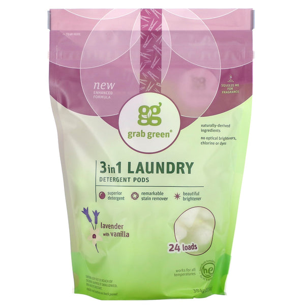 Grab Green, 3 in 1 Laundry Detergent Pods, Lavender with Vanilla, 24 Loads, 13.5 oz (384 g) - The Supplement Shop