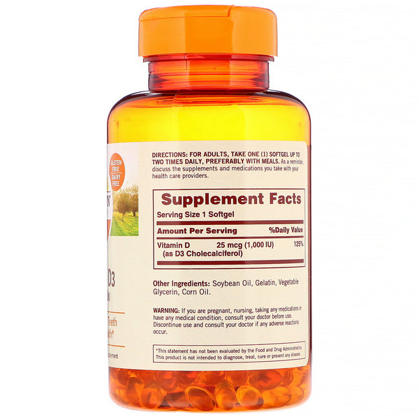 Sundown Naturals, Vitamin D3, 25 mcg (1,000 IU), 400 Softgels - The Supplement Shop