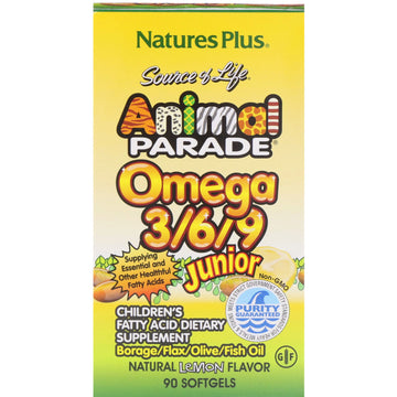 Nature's Plus, Source of Life, Animal Parade, Omega 3/6/9 Junior, Natural Lemon Flavor, 90 Softgels
