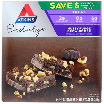 Atkins, Endulge, Nutty Fudge Brownie Bar, 5 Bars, 1.41 oz (40 g) Each