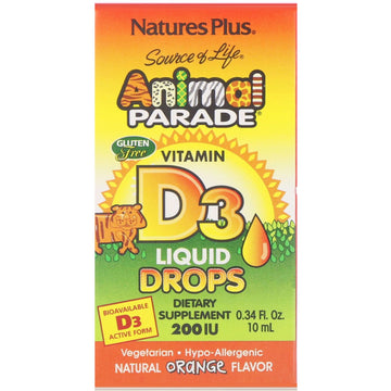 Nature's Plus, Source of Life, Animal Parade, Vitamin D3, Liquid Drops, Natural Orange Flavor, 200 IU, 0.34 fl oz (10 ml)
