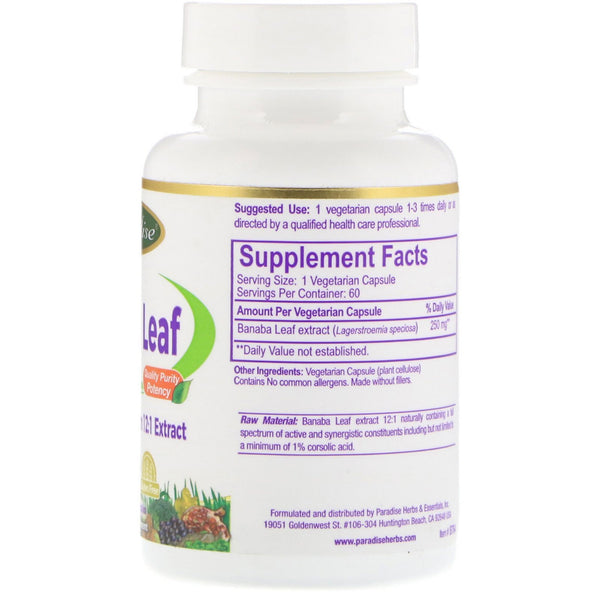 Paradise Herbs, Banaba Leaf, 60 Vegetarian Capsules - The Supplement Shop