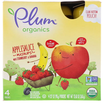 Plum Organics, Organic Applesauce Mashups with Strawberry & Banana, 4 Pouches, 3.17 oz (90 g) Each