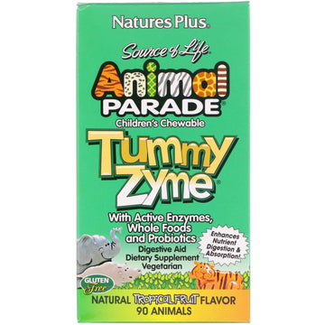 Nature's Plus, Source of Life, Animal Parade, Children's Chewable Tummy Zyme with Active Enzymes, Whole Foods and Probiotics, Natural Tropical Fruit Flavor, 90 Animals