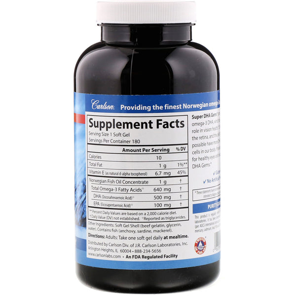 Carlson Labs, Super-DHA Gems, 500 mg, 180 Soft Gels - The Supplement Shop