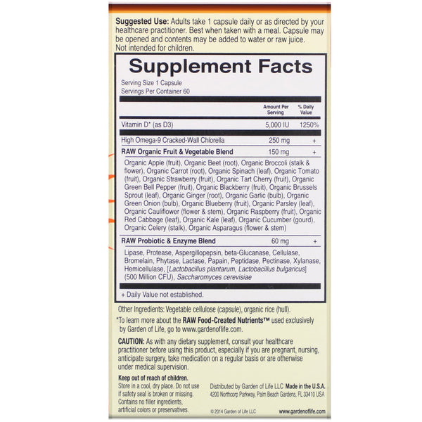 Garden of Life, Vitamin Code, RAW D3, 5,000 IU, 60 Vegetarian Capsules - The Supplement Shop