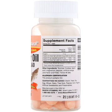 Mason Natural, Chewable Cod Liver Oil, with Vitamins A, C, & D, Artificial Orange Flavor, 100 Tablets