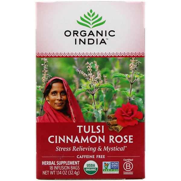 Organic India, Tulsi Tea, Cinnamon Rose, Caffeine-Free, 18 Infusion Bags, 1.14 oz (32.4 g) - The Supplement Shop