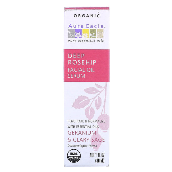 Aura Cacia, Organic Deep Rosehip Essentials Facial Oil Serum, Geranium & Clary Sage, 1 fl oz (30 ml) - The Supplement Shop