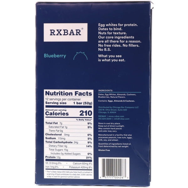 RXBAR, Protein Bars, Blueberry, 12 Bars, 1.83 oz (52 g) Each - The Supplement Shop