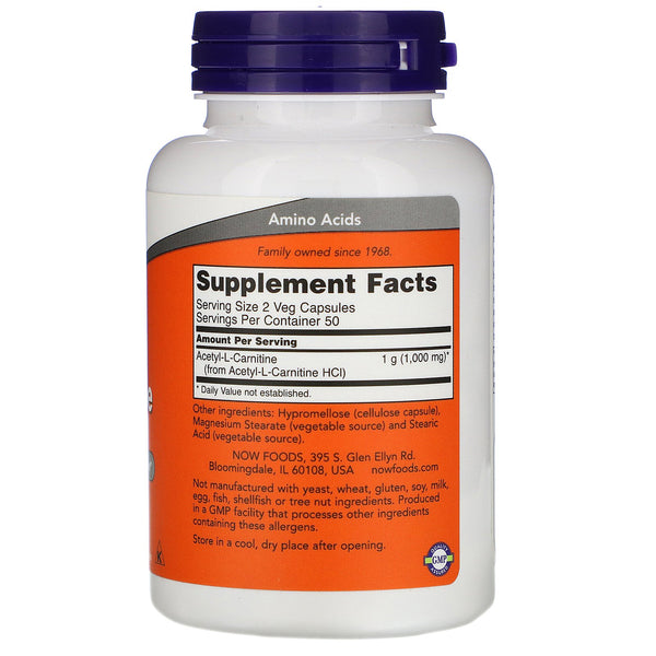 Now Foods, Acetyl-L-Carnitine, 500 mg, 100 Veg Capsules - The Supplement Shop