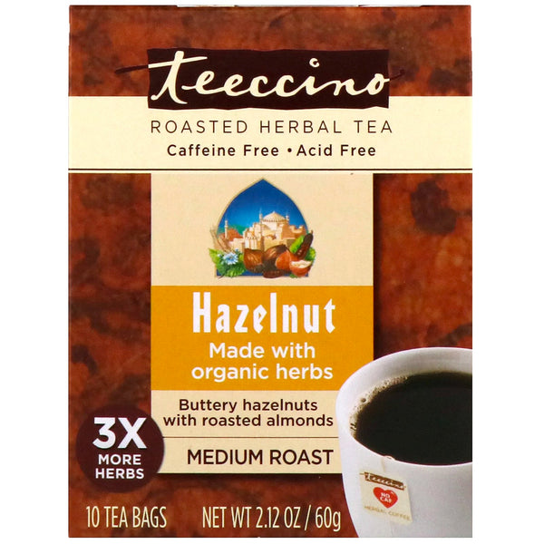 Teeccino, Roasted Herbal Tea, Medium Roast, Hazelnut, Caffeine Free, 10 Tea Bags, 2.12 oz (60 g) - The Supplement Shop