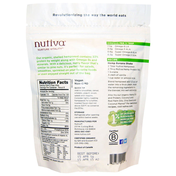 Nutiva, Organic Hemp Seed Raw Shelled, 8 oz (227 g) - The Supplement Shop