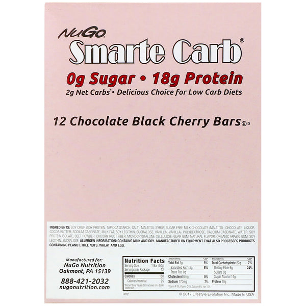 NuGo Nutrition, Smarte Carb, Chocolate Black Cherry, 12 Bars, 1.76 oz (50 g) Each - The Supplement Shop