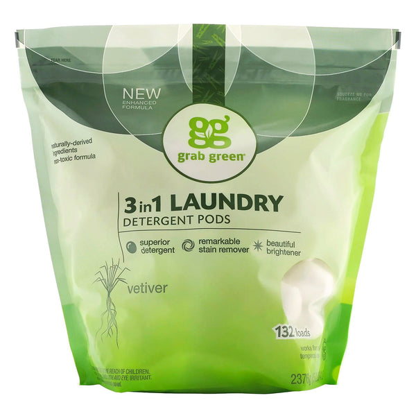 Grab Green, 3 in 1 Laundry Detergent Pods, Vetiver,132 Loads, 5lbs, 4oz (2,376 g) - The Supplement Shop