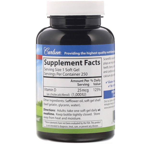 Carlson Labs, Vitamin D3, 25 mcg (1,000 IU), 250 Soft Gels - The Supplement Shop