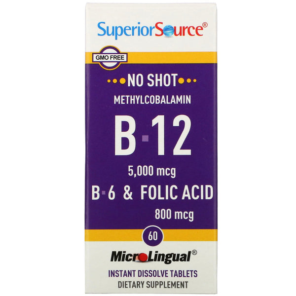 Superior Source, No Shot, Methylcobalamin B-12, B-6 & Folic Acid, 5,000 mcg/800 mcg, 60 MicroLingual Instant Dissolve Tablets - The Supplement Shop