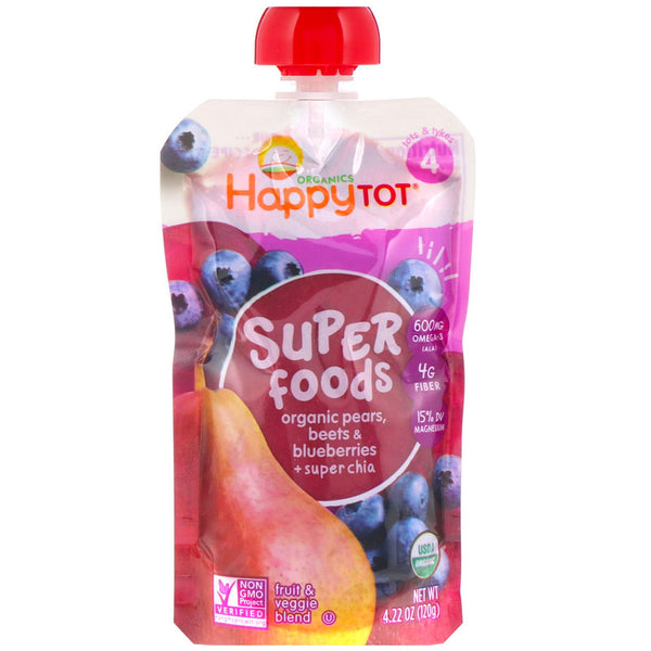 Happy Family Organics, Organic Happy Tot, Super Foods, Organic Pears, Beets & Blueberries + Super Chia, Stage 4, 4 Pack, 4.22 oz (120 g) Each - The Supplement Shop