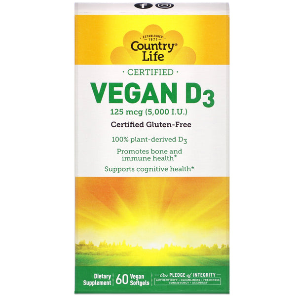 Country Life, Certified Vegan D3, 125 mcg (5,000 IU), 60 Vegan Softgels - The Supplement Shop