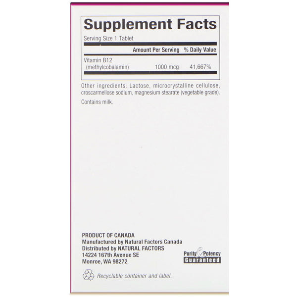 Natural Factors, B12, Methylcobalamin, 1,000 mcg, 90 Chewable Tablets - The Supplement Shop