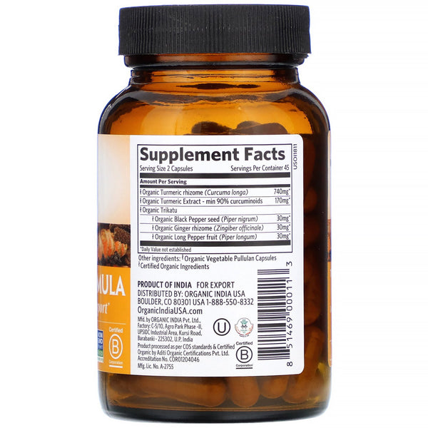 Organic India, Turmeric Formula, Joint Mobility & Support, 90 Vegetarian Caps - The Supplement Shop