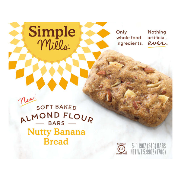 Simple Mills, Soft-Baked Almond Flour Bars, Nutty Banana Bread, 5 Bars, 1.19 oz (34 g) Each - The Supplement Shop