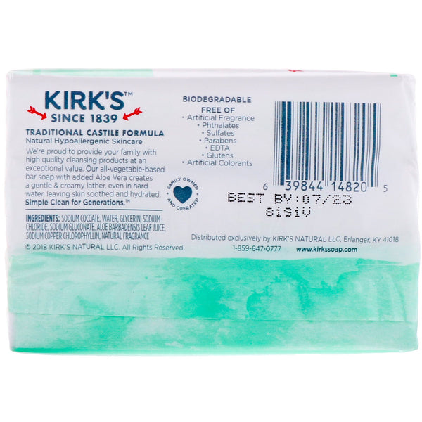 Kirk's, 100% Premium Coconut Oil Gentle Castile Soap, Soothing Aloe Vera, 3 Bars, 4 oz (113 g) Each - The Supplement Shop