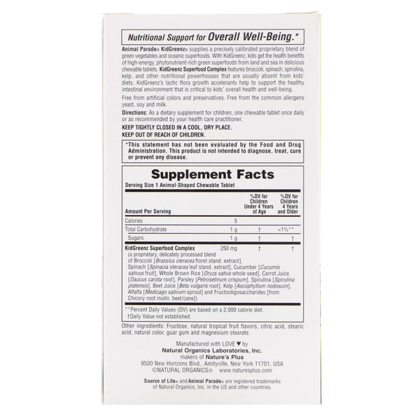 Nature's Plus, Source of Life, Animal Parade, Kid Greenz with Broccoli, Spinach, Natural Tropical Fruit Flavor, 90 Animal-Shaped Tablets - The Supplement Shop