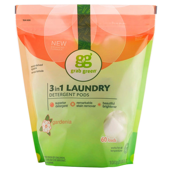 Grab Green, 3-in-1 Laundry Detergent Pods, Gardenia, 60 Loads,2lbs, 6oz (1,080 g) - The Supplement Shop