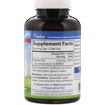 Carlson, Vitamin D3, 125 mcg (5,000 IU), 360 Soft Gels