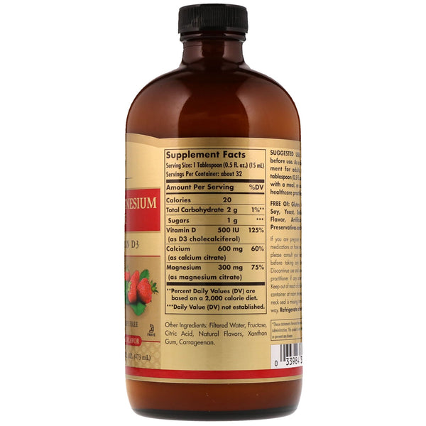 Solgar, Liquid Calcium Magnesium Citrate with Vitamin D3, Natural Strawberry, 16 fl oz (473 ml) - The Supplement Shop