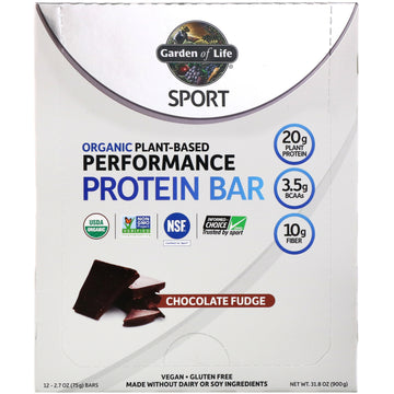 Garden of Life, Sport, Organic Plant-Based Performance Protein Bar, Chocolate Fudge, 12 Bars, 2.7 oz (75 g) Each