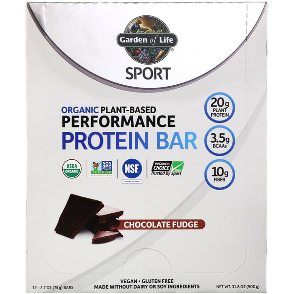 Garden of Life, Sport, Organic Plant-Based Performance Protein Bar, Chocolate Fudge, 12 Bars, 2.7 oz (75 g) Each - The Supplement Shop