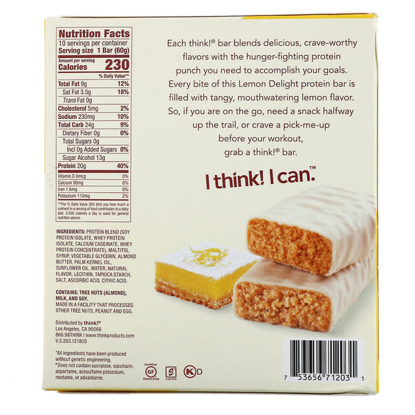 ThinkThin, High Protein Bars, Lemon Delight, 10 Bars, 2.1 oz (60 g) Each - The Supplement Shop