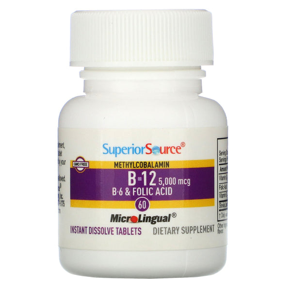 Superior Source, No Shot, Methylcobalamin B-12, B-6 & Folic Acid, 5,000 mcg/800 mcg, 60 MicroLingual Instant Dissolve Tablets - The Supplement Shop