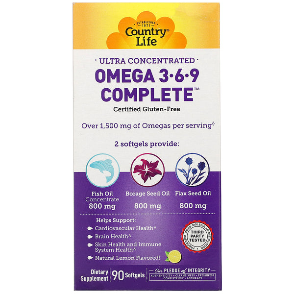 Country Life, Ultra Concentrated Omega 3-6-9 Complete. Natural Lemon, 90 Softgels - The Supplement Shop