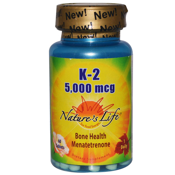 Nature's Life, K-2, Bone Health Menatetrenone, 5,000 mcg, 60 Tablets - The Supplement Shop