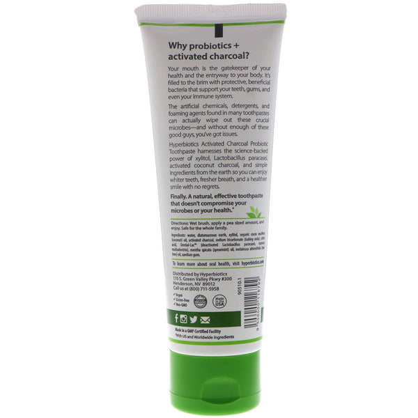 Hyperbiotics, Activated Charcoal Probiotic Toothpaste, Spearmint, 4 oz (113 g) - The Supplement Shop