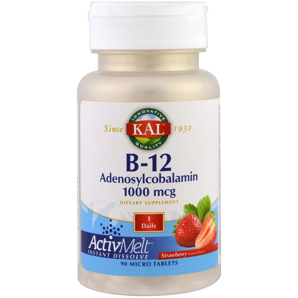 KAL, B-12 Adenosylcobalamin, Strawberry, 1,000 mcg, 90 Micro Tablets - The Supplement Shop