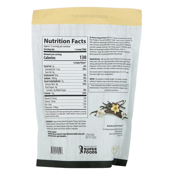 Dr. Murray's, Super Foods, 3 Seed Protein Powder, Vanilla, 16 oz (453.5 g) - The Supplement Shop