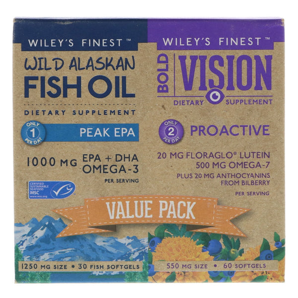 Wiley's Finest, Bold Vision, Proactive & Wild Alaskan Fish Oil, Peak EPA, Value Pack, 550 mg & 1250 mg, 60 Softgels & 30 Softgels - The Supplement Shop
