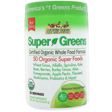 Country Farms, Super Greens, Certified Organic Whole Food Formula, Delicious Natural Flavor, 10.6 oz (300 g)