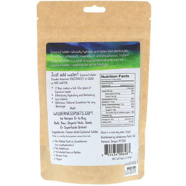 Wilderness Poets, Instant Coconut Water Powder, Freeze Dried, 4 oz (113.4 g) - The Supplement Shop
