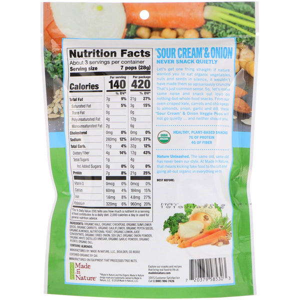 Made in Nature, Organic Veggie Pops, 'Sour Cream' & Onion Supersnacks, 3 oz (85 g) - The Supplement Shop
