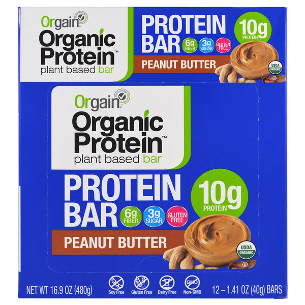 Orgain, Organic Plant-Based Protein Bar, Peanut Butter, 12 Bars, 1.41 oz (40 g) Each - The Supplement Shop